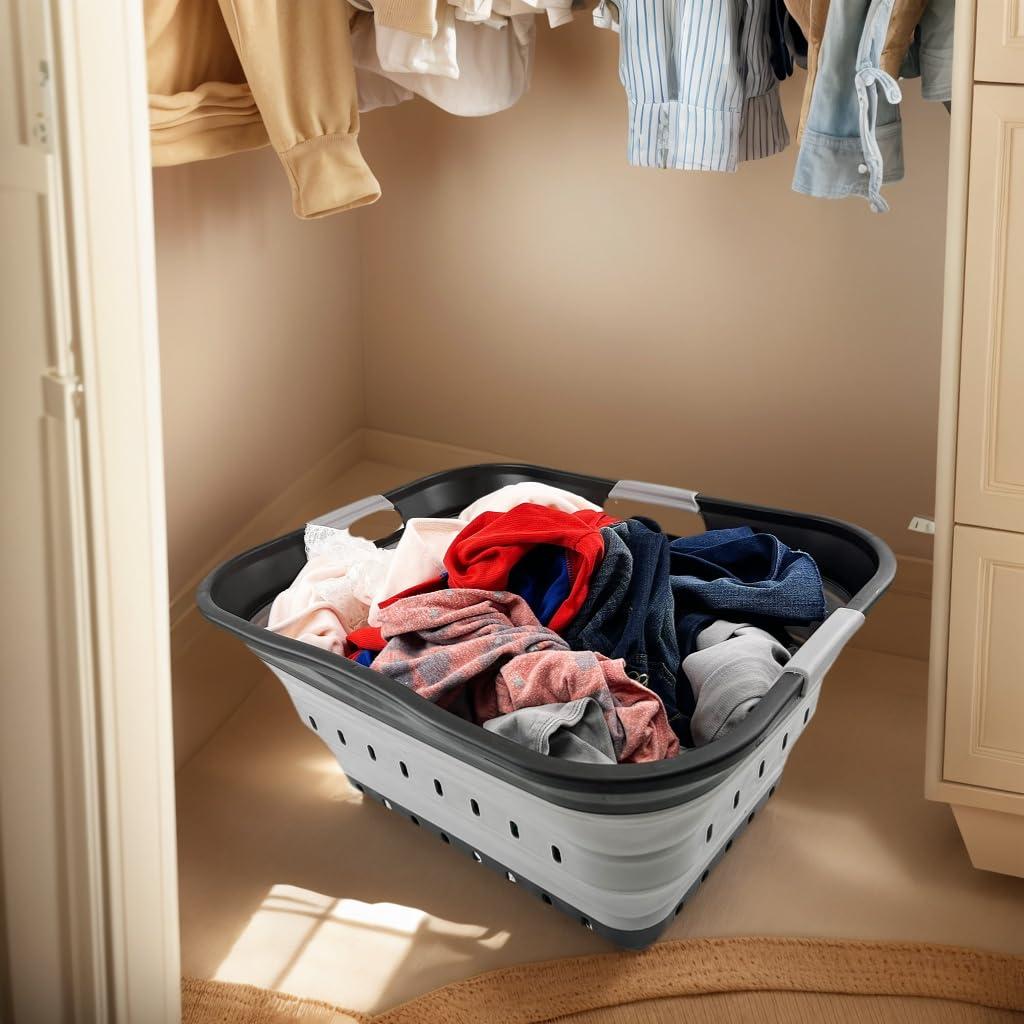 SAMMART 42L (11 gallon) Set of 2 Collapsible Laundry Basket - Foldable Pop Up Storage Container/Organizer - Portable Basket - Space Saving Hamper/Basket (Alloy Grey + Crystal Blue)