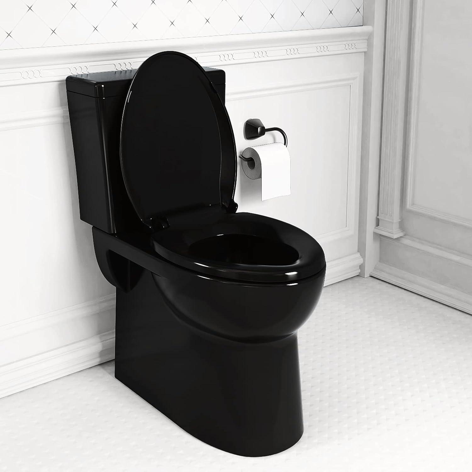 Elongated Toilet Seat, Slow Soft Close, Oval(Oblong) Toilet Seat For Elongated Toilets, Quiet-Close Lid And Seat, Easy To Install And Clean, Never Loosen, Black(18.5)