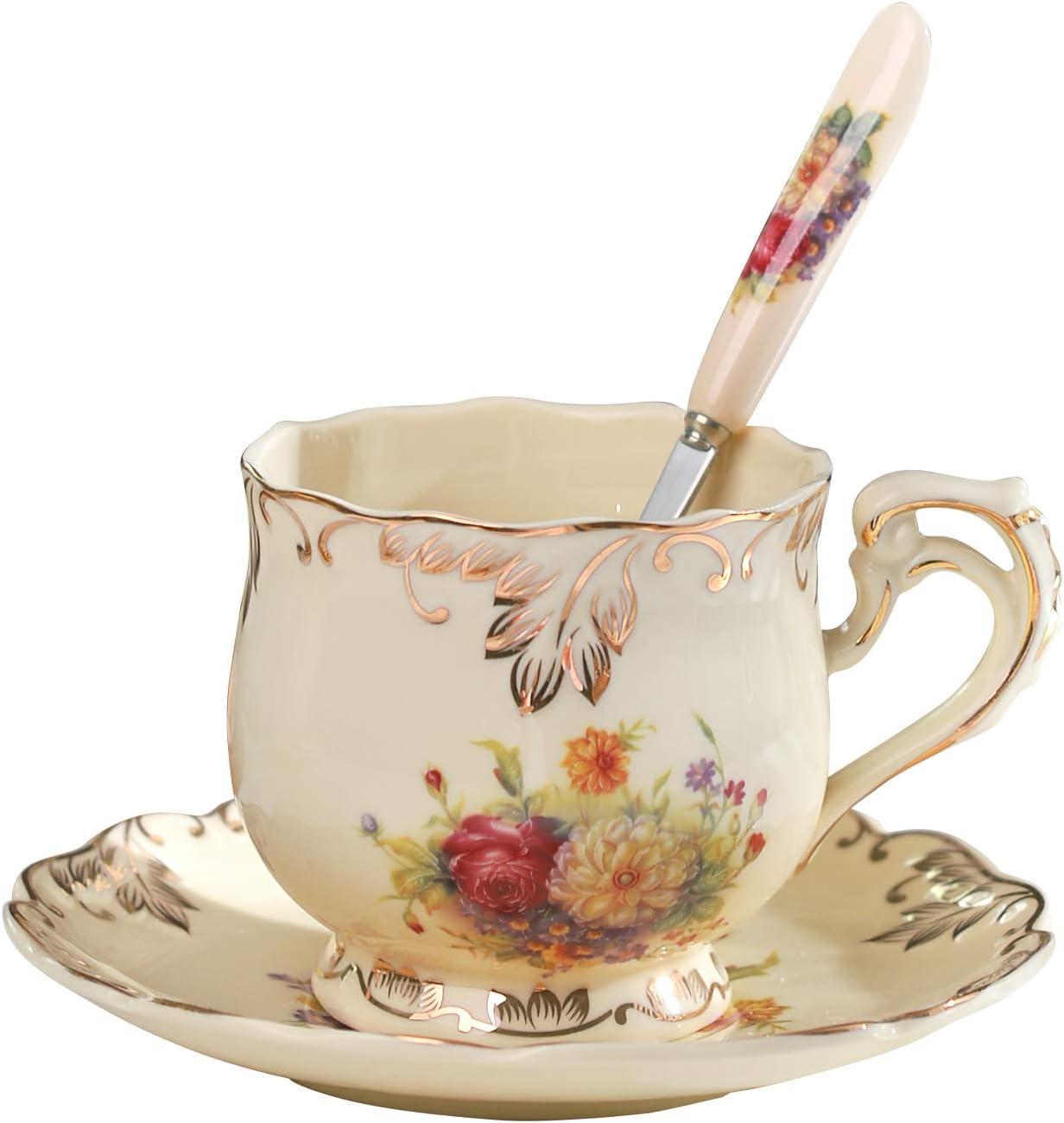 ShengRui Tea Cup and Saucer Set, 8 oz Tea Cup Set, Teacup, Ceramic Tea Cup with Suacer Spoon, Ivory Vintage Rose Floral with Gold Leaves Trim, Gifts for Women