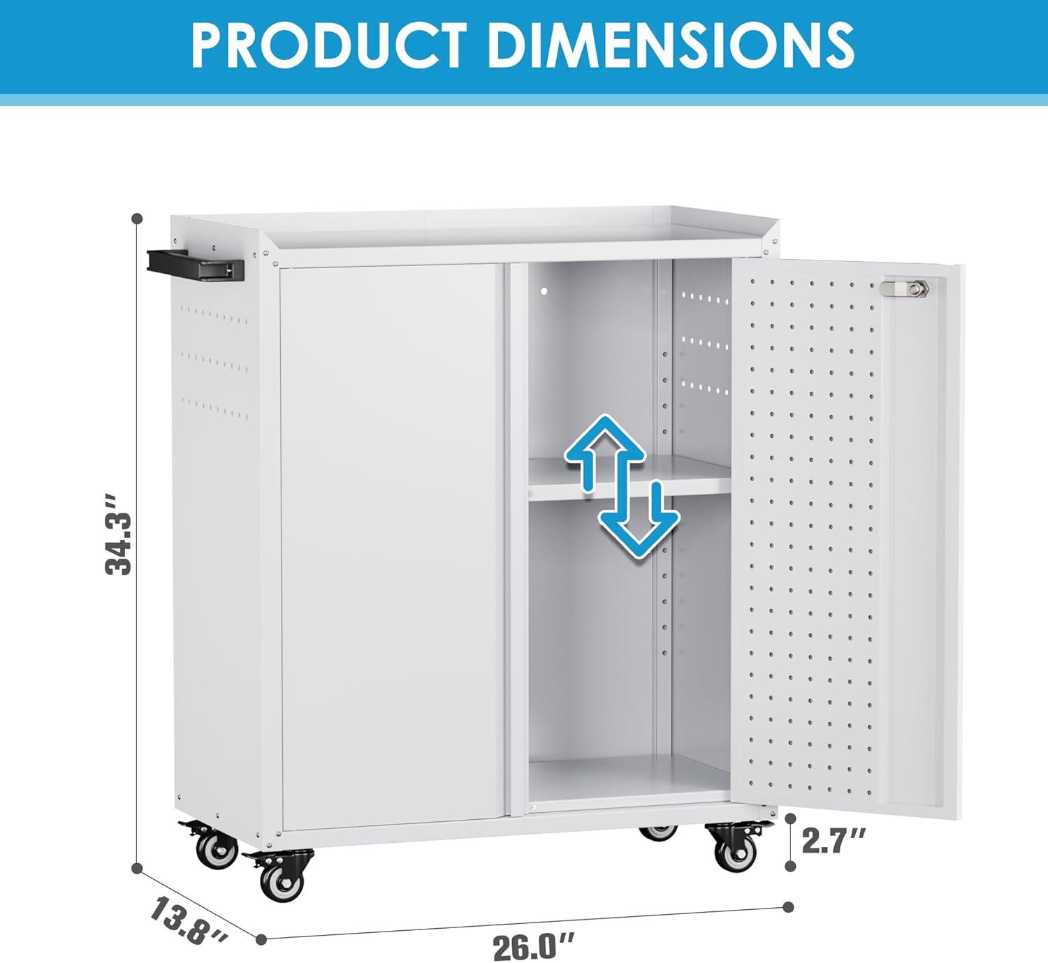 AOBABO 72 Inch Locking Metal Garage Home Office Storage Cabinet with Universal Rubber Wheels/Lockable Casters and Magnetic Doors, White