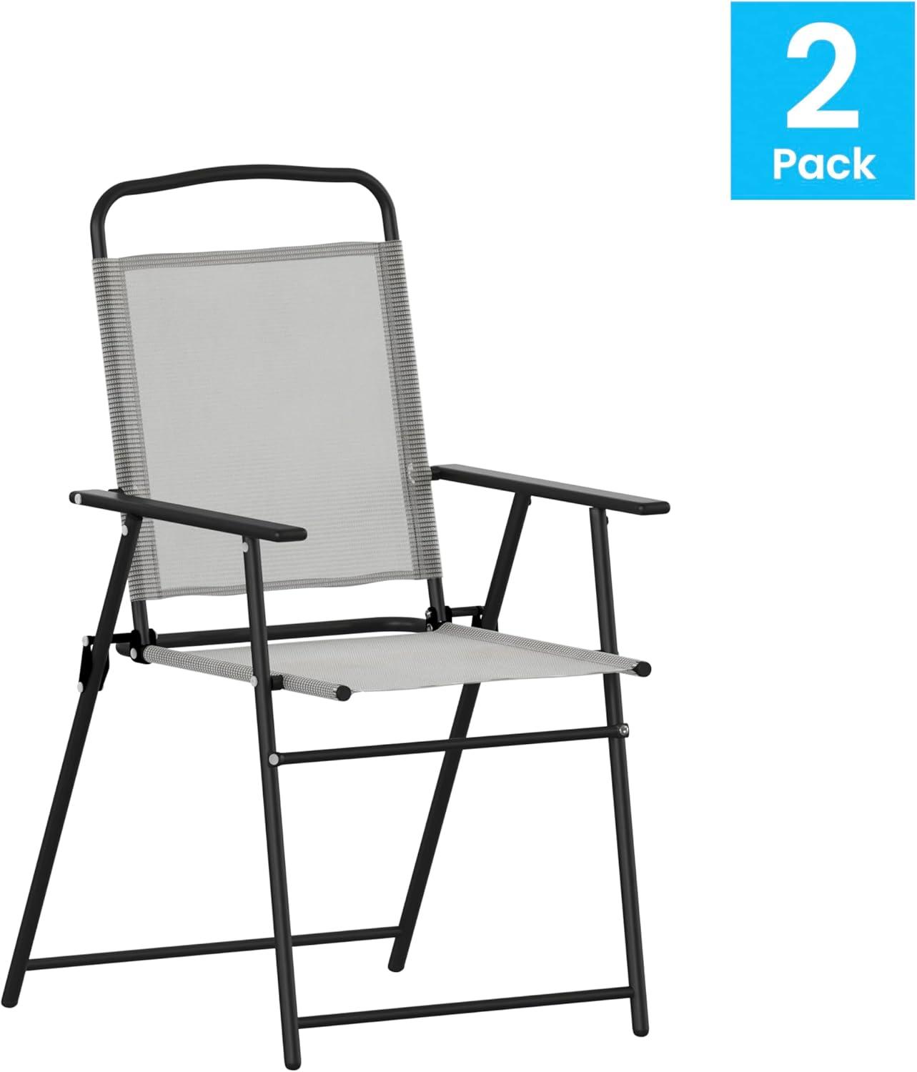 Flash Furniture Set of 2 Mystic Folding Patio Sling Chairs, Outdoor Textilene Lawn Chairs with Armrests in Gray