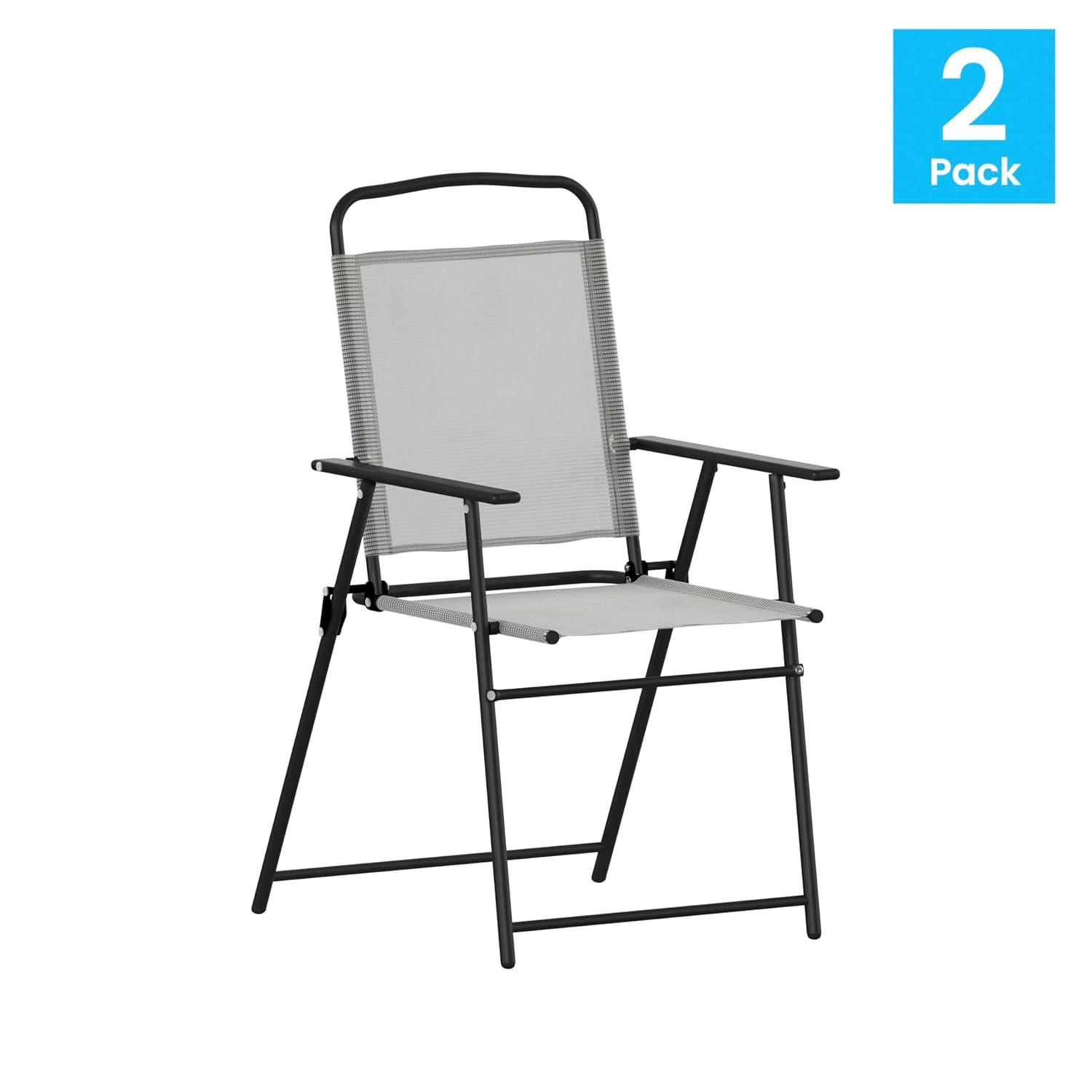 Flash Furniture Set of 2 Mystic Folding Patio Sling Chairs, Outdoor Textilene Lawn Chairs with Armrests in Gray