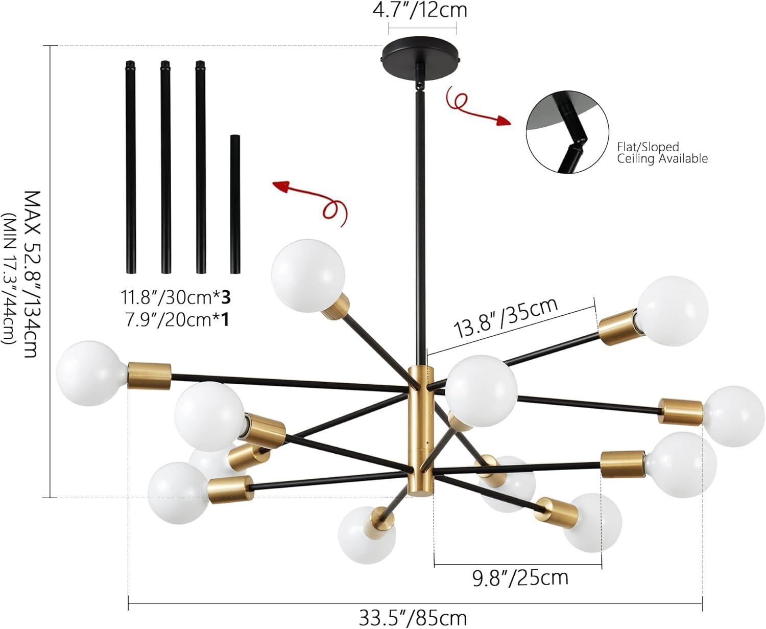 Modern Sputnik Chandelier Ceiling Light Fixture 12-Light E26 Industrial Chandeliers Black Gold Farmhouse Chandelier Height Adjustable Chandeliers for Dining Room, Living Room, Kitchen Island