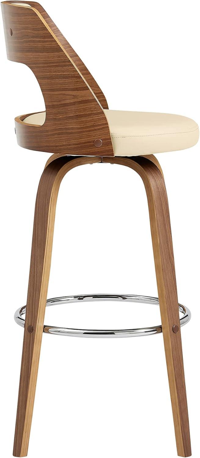 Cream Faux Leather and Walnut Wood Swivel Bar Stool