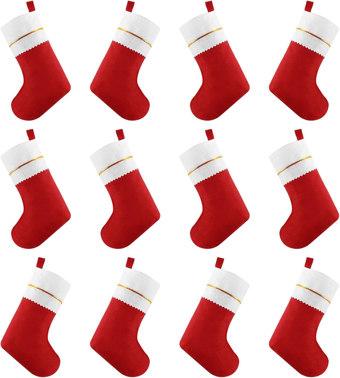 12-Pack Red and White Felt Christmas Stockings with Gold Trim