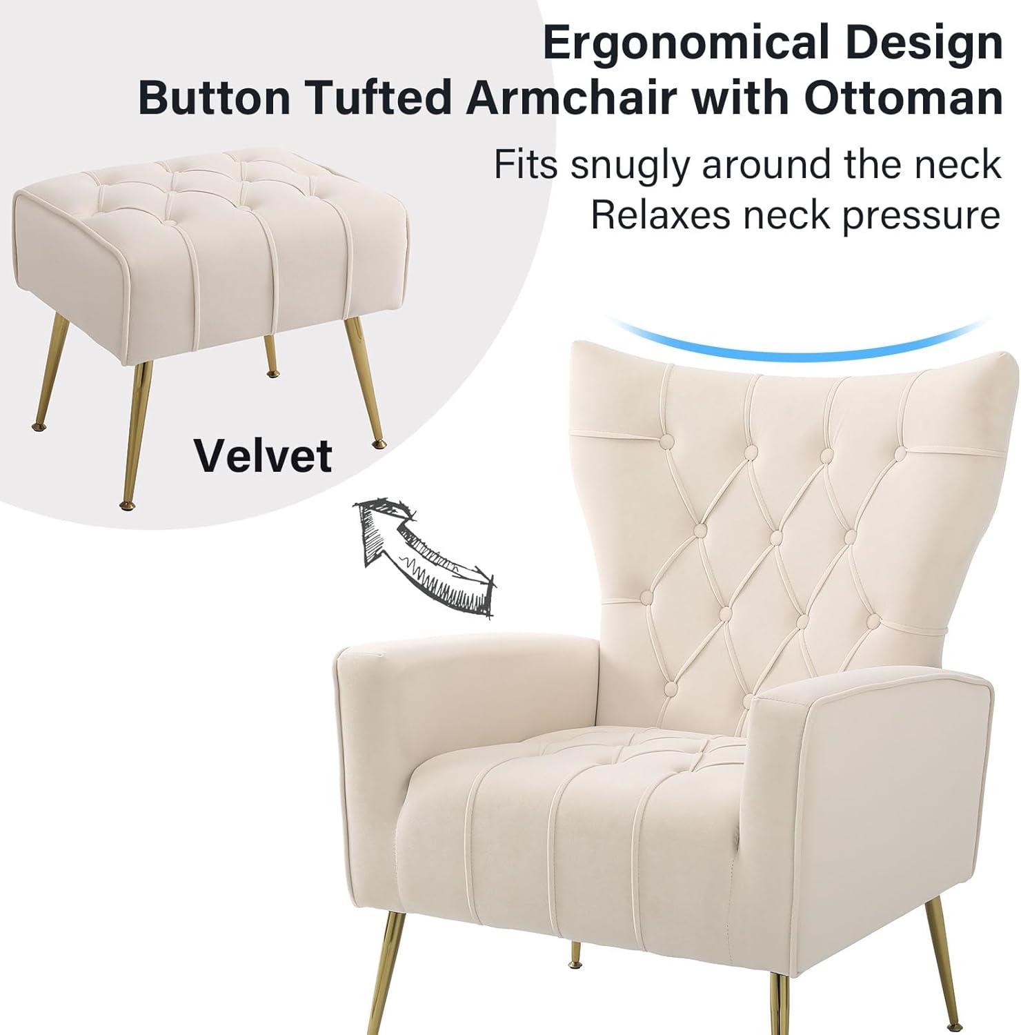 Ouyessir Velvet Accent Chair with Ottoman Comfy Armchair with Button Tufted Back and Metal Legs for Living Room Bedroom Apartment Office