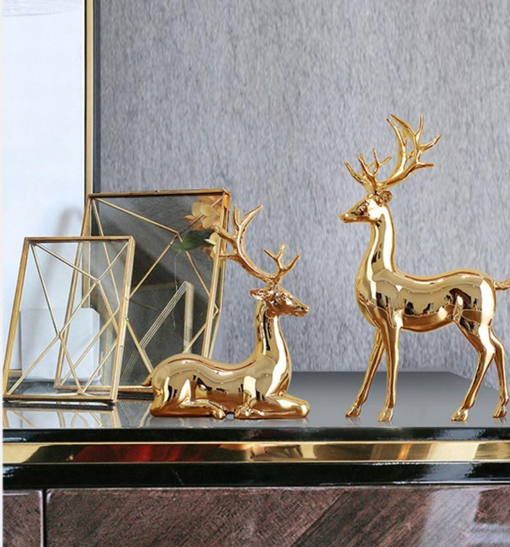 2Pcs Elk Deer Statue Reindeer Figurines Resin Sculpture Living Room Home Decoration Nordic Tabletop Ornaments (Silver 2pcs)