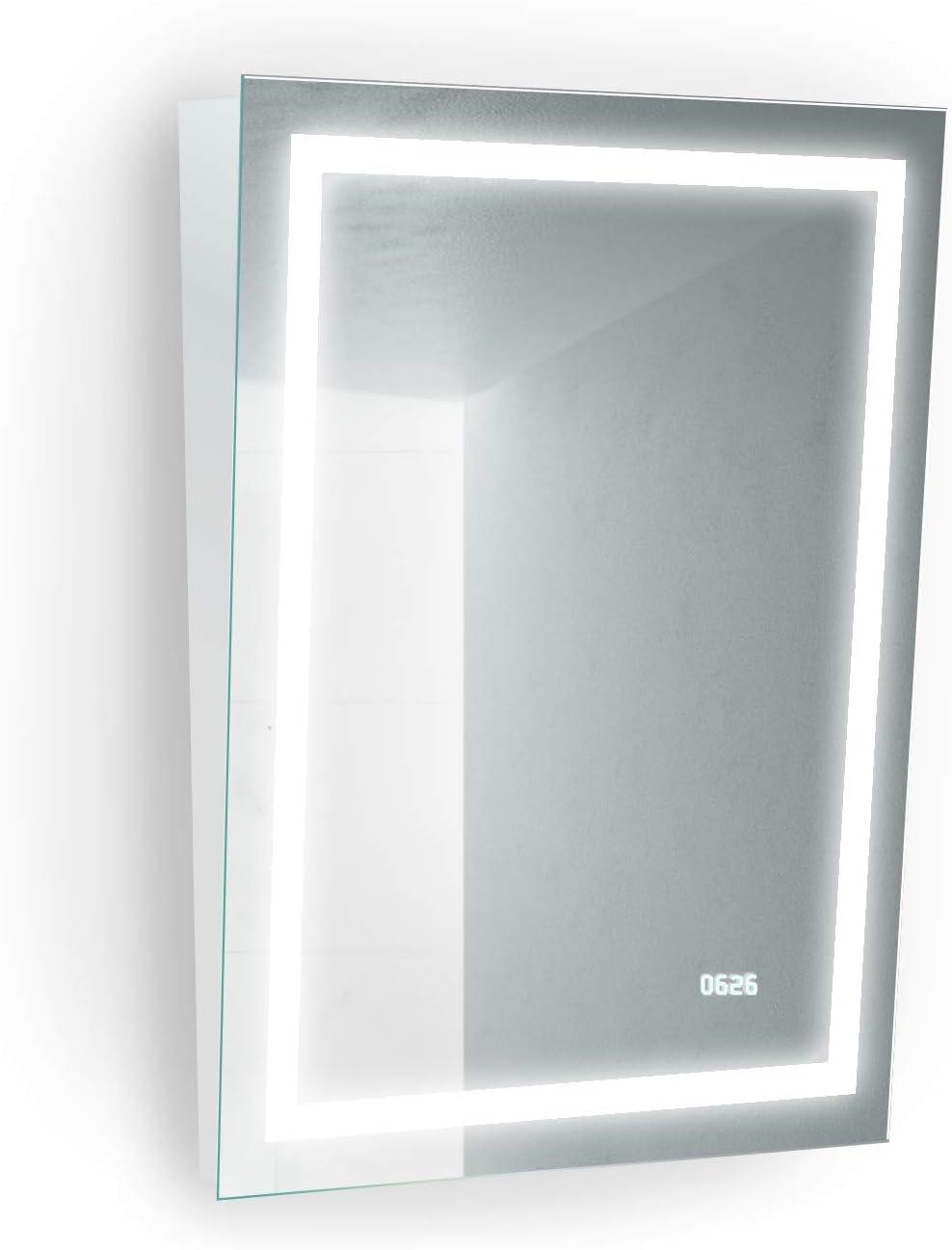 Rectangular Silver LED Bathroom Mirror with Digital Clock