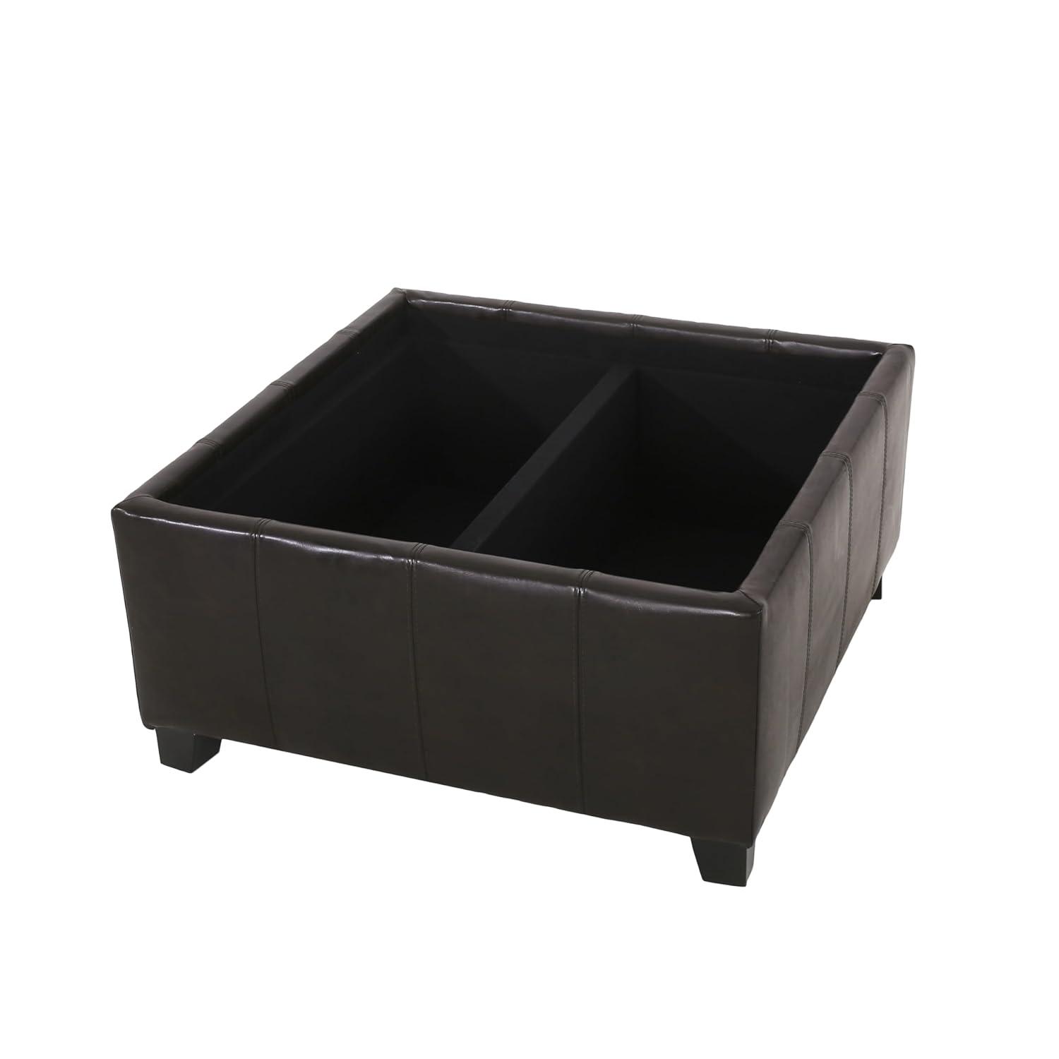 Mansfield Faux Leather Tray Top Storage Ottoman - Brown - Christopher Knight Home: Square Upholstered Bench with Wood Frame