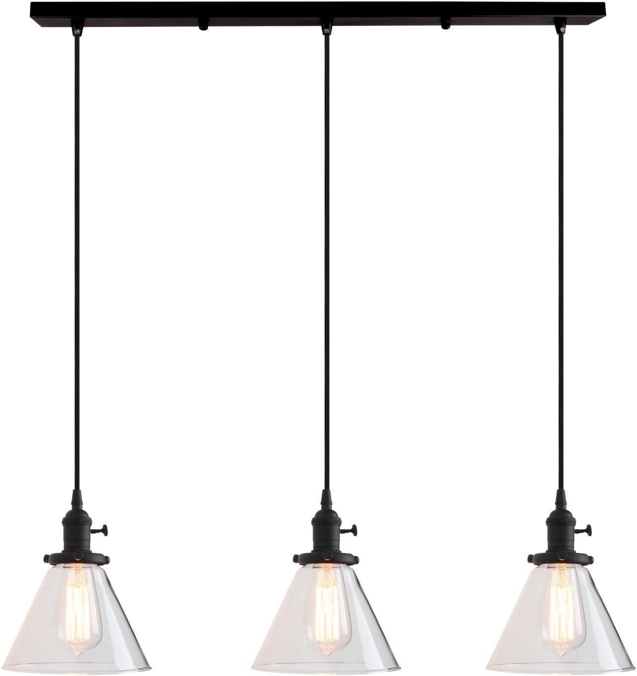 PERMO Vintage Rustic Industrial 3-Lights Kitchen Island Chandelier Triple 3 Heads Pendant Hanging Ceiling Lighting Fixture with Funnel Flared Clear Glass Shade (Black)