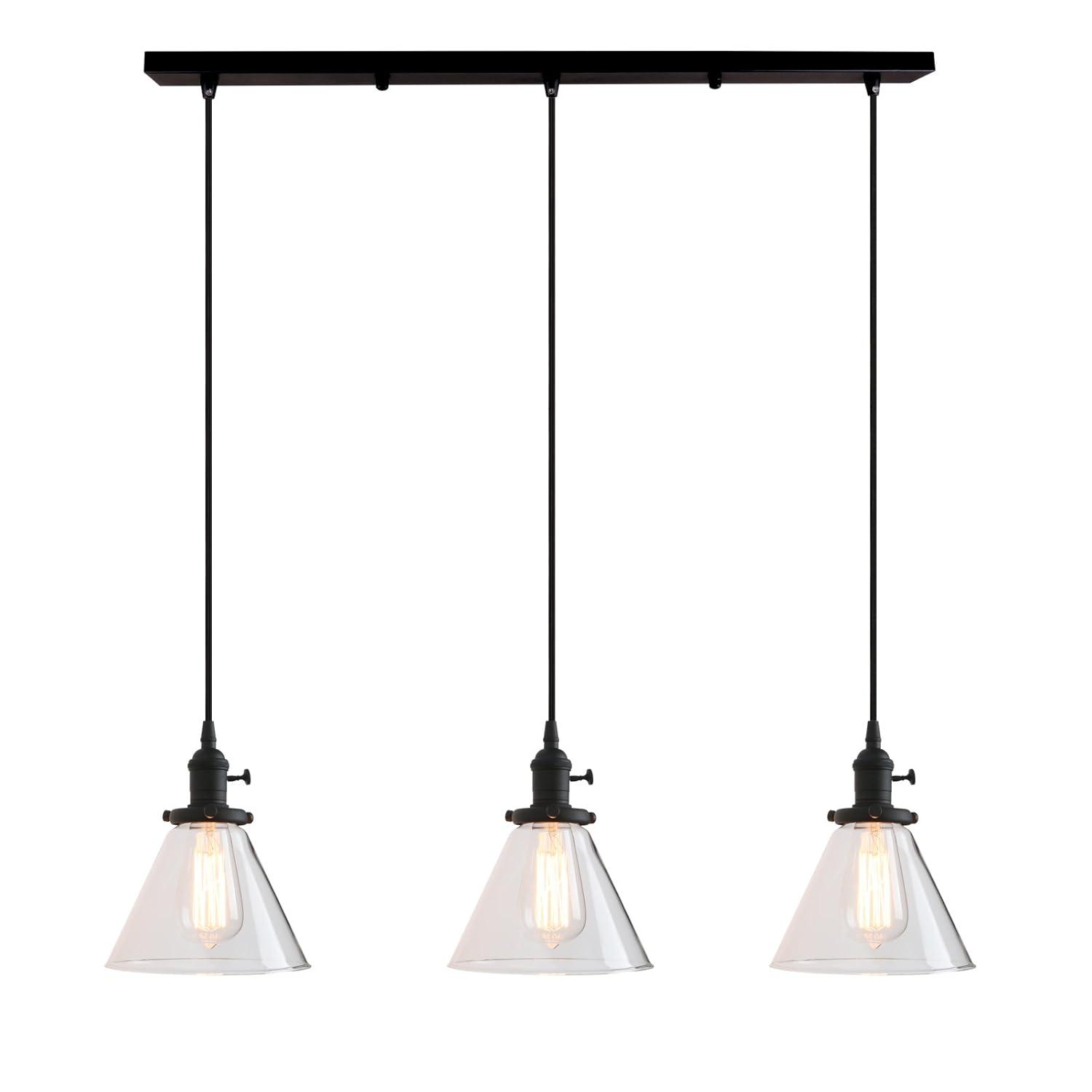 PERMO Vintage Rustic Industrial 3-Lights Kitchen Island Chandelier Triple 3 Heads Pendant Hanging Ceiling Lighting Fixture with Funnel Flared Clear Glass Shade (Black)