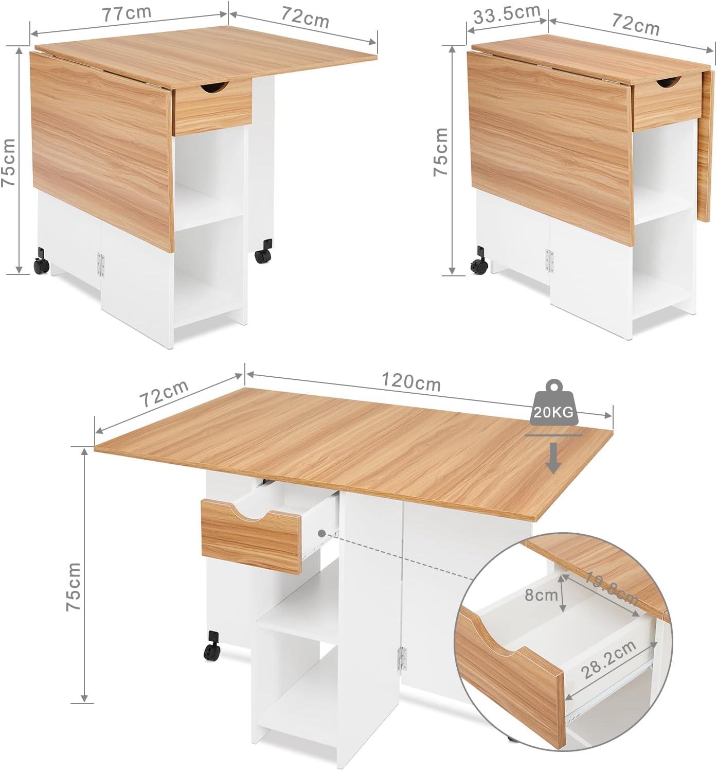 Mobile Folding Dining Table, Drop Leaf Table with 1 Drawer and 2 Open Storage Shelves for Small Space Dining Room Kitchen, White & Red Oak