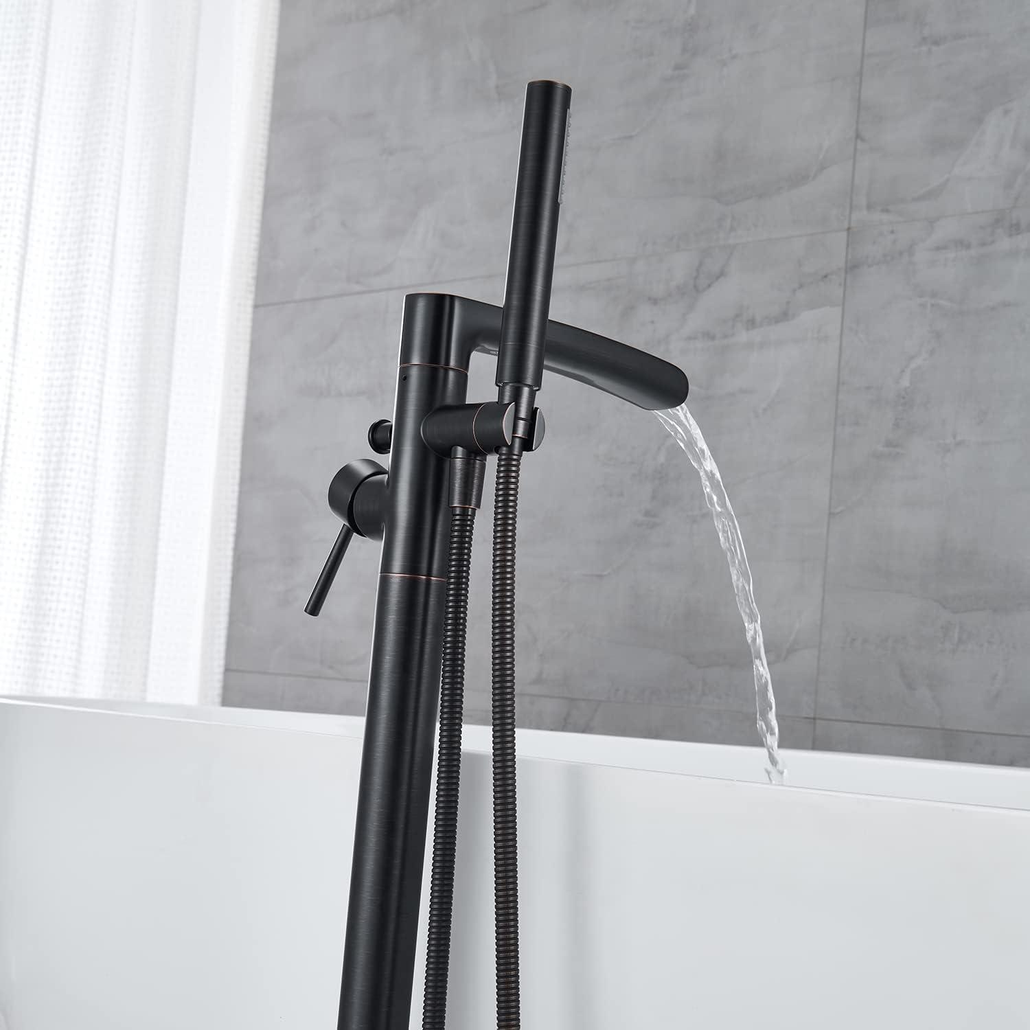 Free Standing Tub Faucet Brass Oil Rubbed Bronze Waterfall Freestanding Bathtub Faucet Floor Mount Tub Filler with Handheld Sprayer
