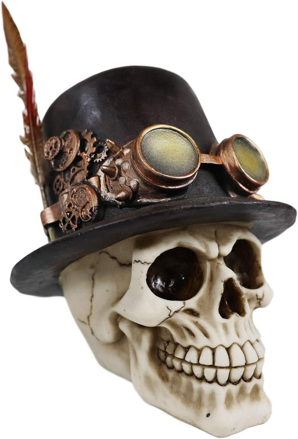 Aristocrat Steampunk Skull with Royal Feather & Goggles Figurine