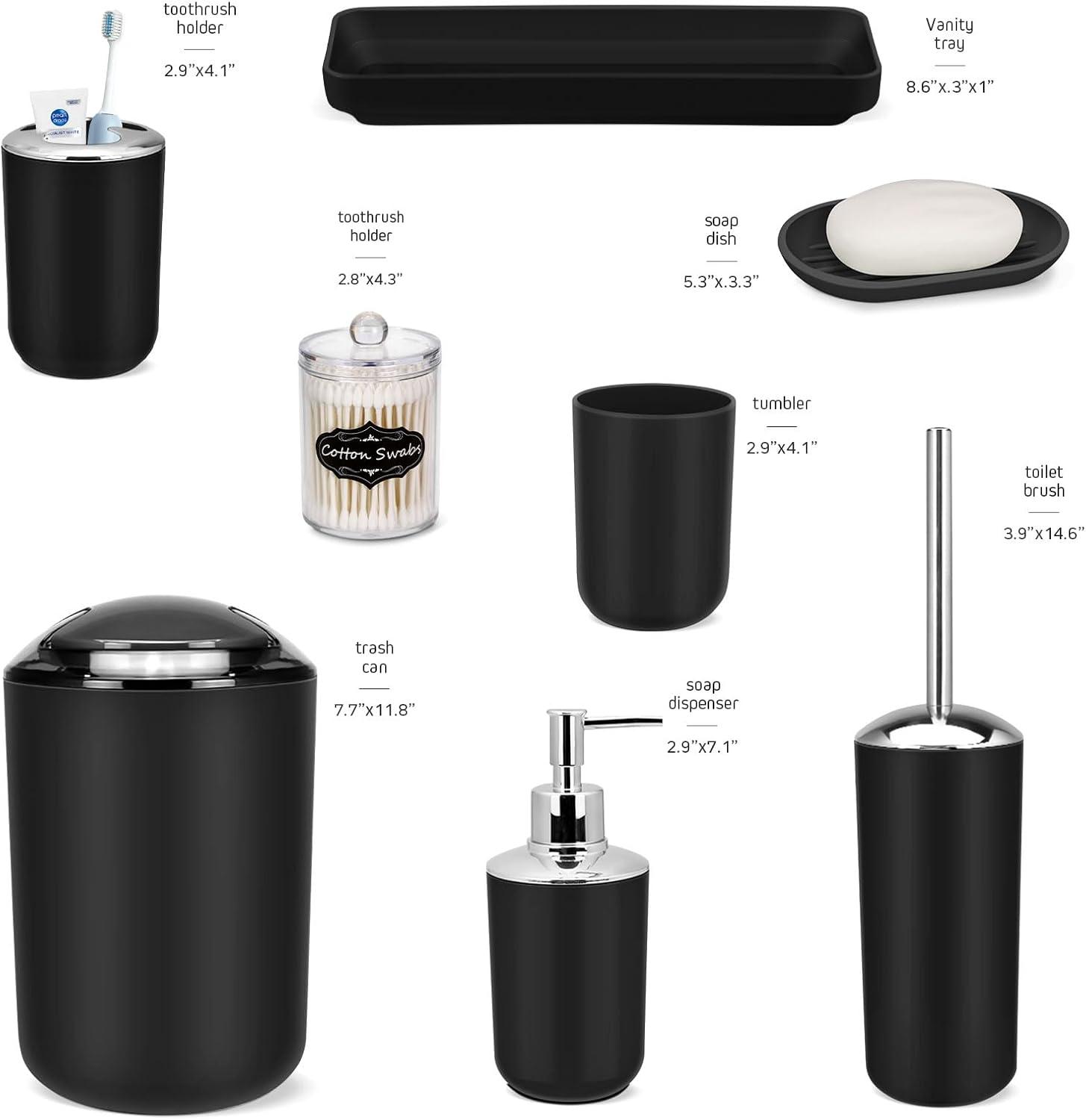 IMAVO Bathroom Accessories Set,Black Bathroom Set,9 Pieces Bathroom Accessory Set,Tray,Qtip Holders,Toilet Brush,Trash Can for Bathroom Décor and Home Gifts