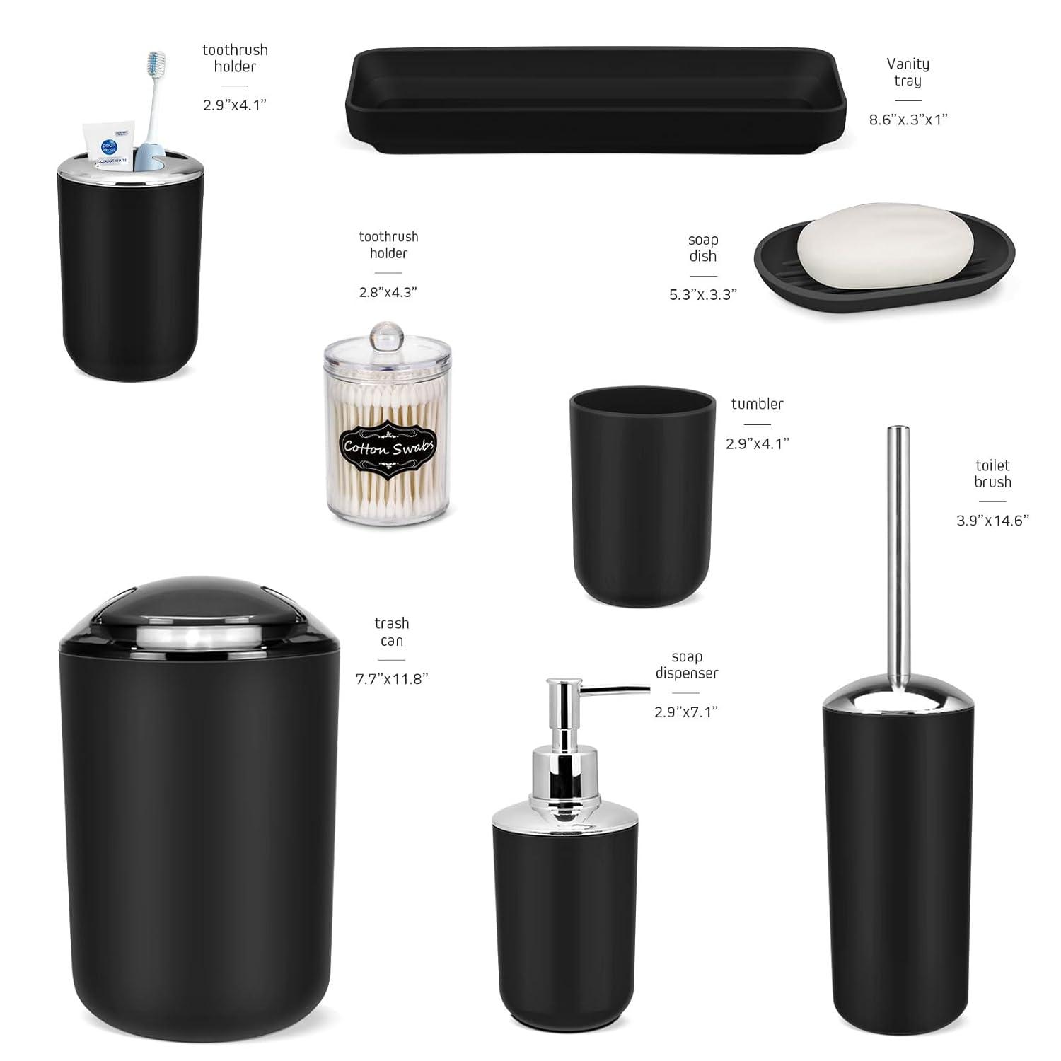 IMAVO Bathroom Accessories Set,Black Bathroom Set,9 Pieces Bathroom Accessory Set,Tray,Qtip Holders,Toilet Brush,Trash Can for Bathroom Décor and Home Gifts
