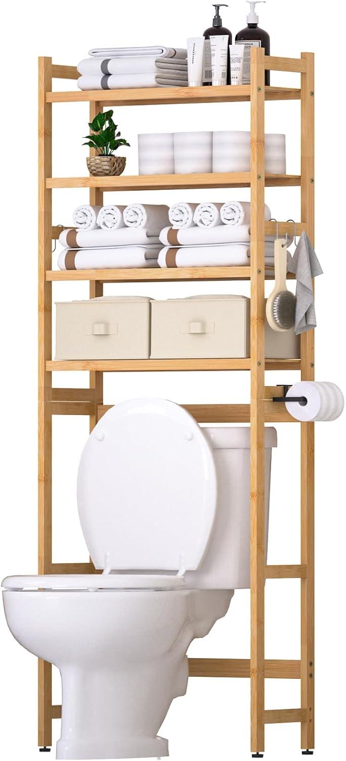 Natural Bamboo 4-Tier Over-the-Toilet Storage Rack with Baskets