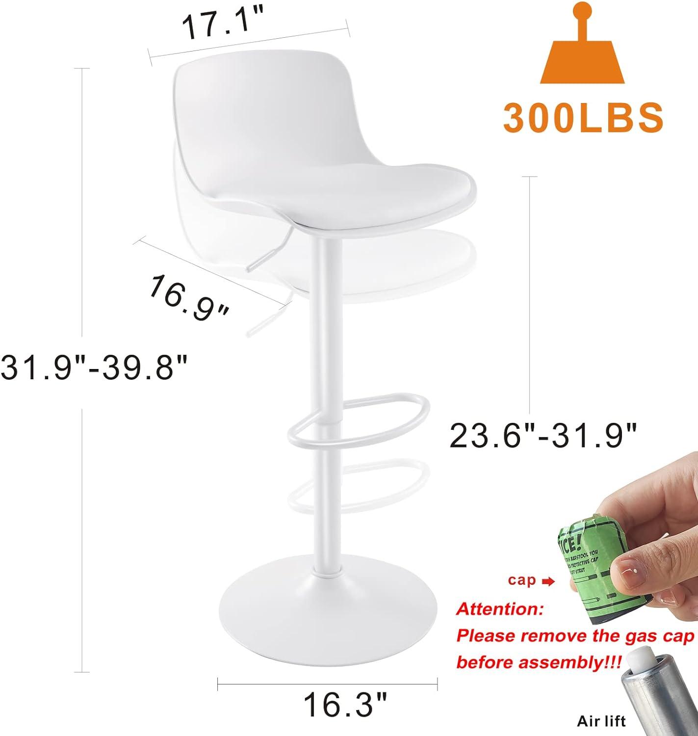 Height Adjustable Swivel PP Bar Stool with PU Padded Seat, White, Set of 2