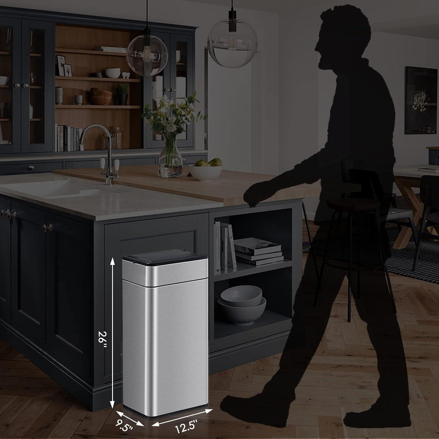 Kitchen Trash Can - ELPHECO - 40 Liter / 10.6 Gallon Automatic Trash Can with Butterfly Lid, Brushed Stainless Steel Finish, Motion Sensor Garbage Can for Kitchen, Office, Living Room, Outside, 6 AAA