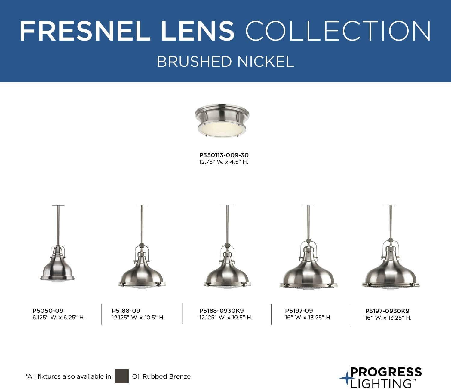 Progress Lighting, Fresnel, 1-Light Pendant, Brushed Nickel, Prismatic Glass Shade