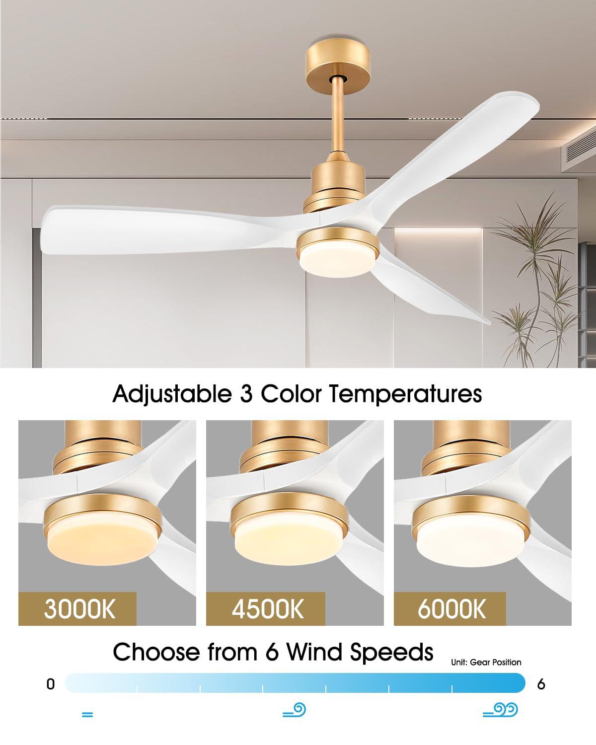 52 Inch Gold White Smart Ceiling Fans with Lights and Remote,Quiet DC Motor,for Modern Bedroom Living Room Patio