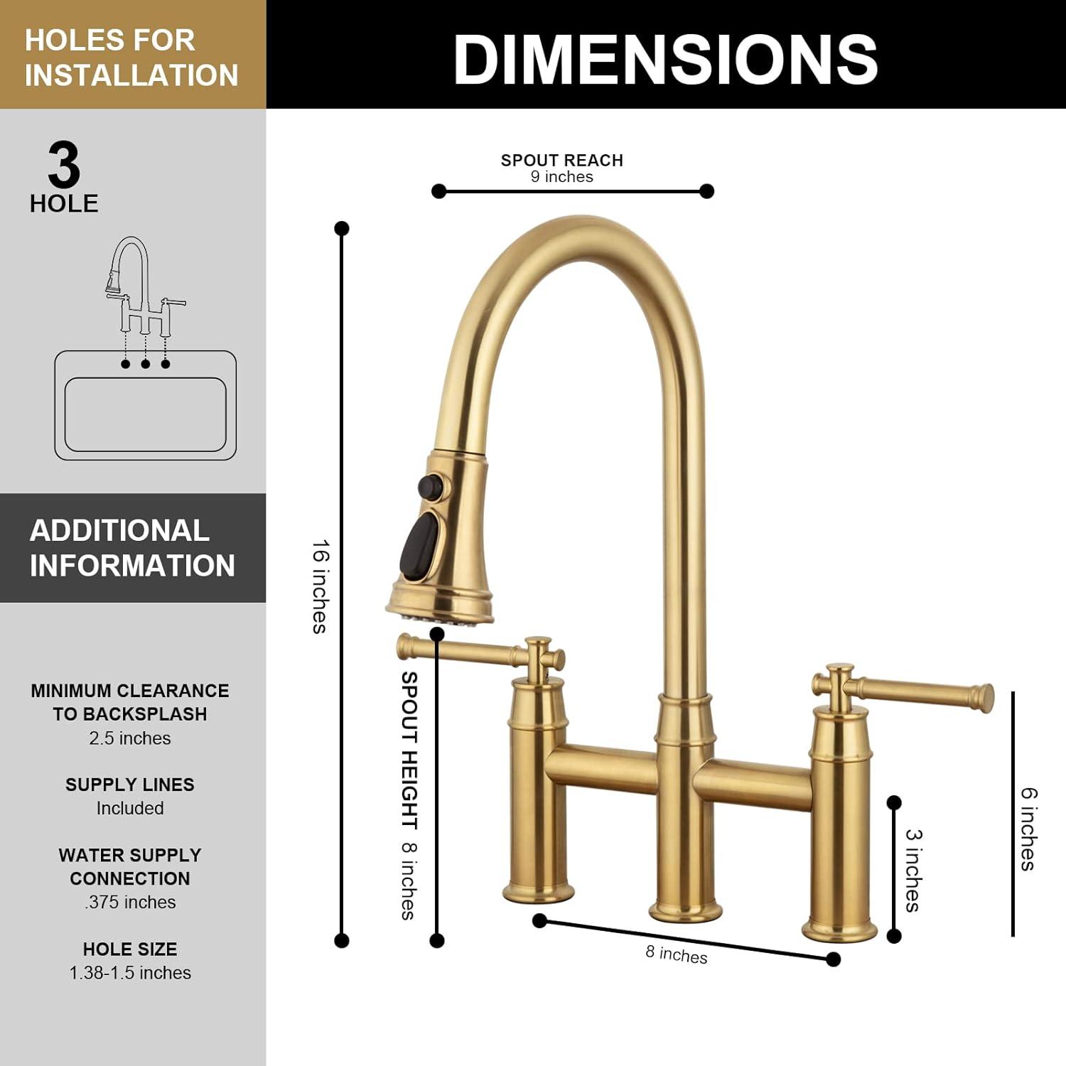 Brushed Gold Brass Bridge Kitchen Faucet with Pull-Out Spray