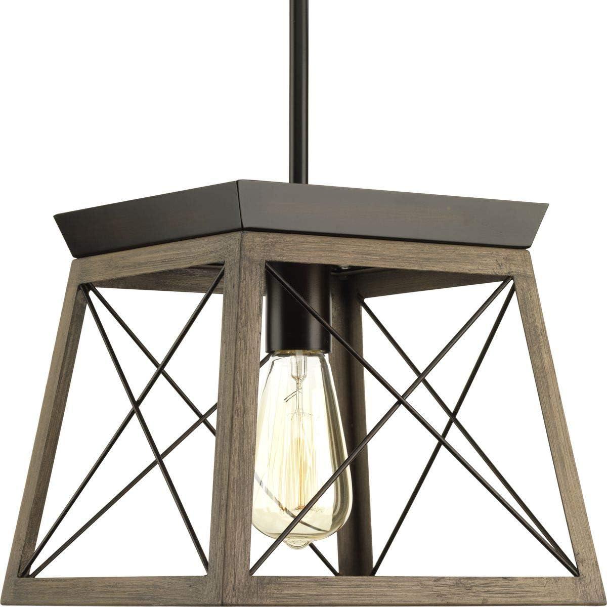 Progress Lighting Briarwood 1-Light Mini-Pendant, Antique Bronze, Steel, Faux-Painted Wood Enclosure