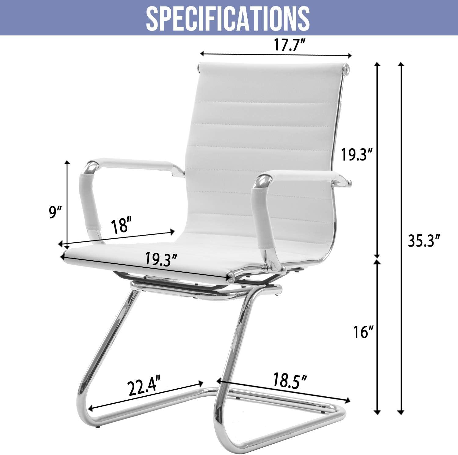 Guyou Modern Mid Back Office Guest Chair Set of 2, Faux Leather Reception Chair Computer Chair with Armrests and Metal Sled Base for Meeting/Waiting/Conference Room, No Wheels, White