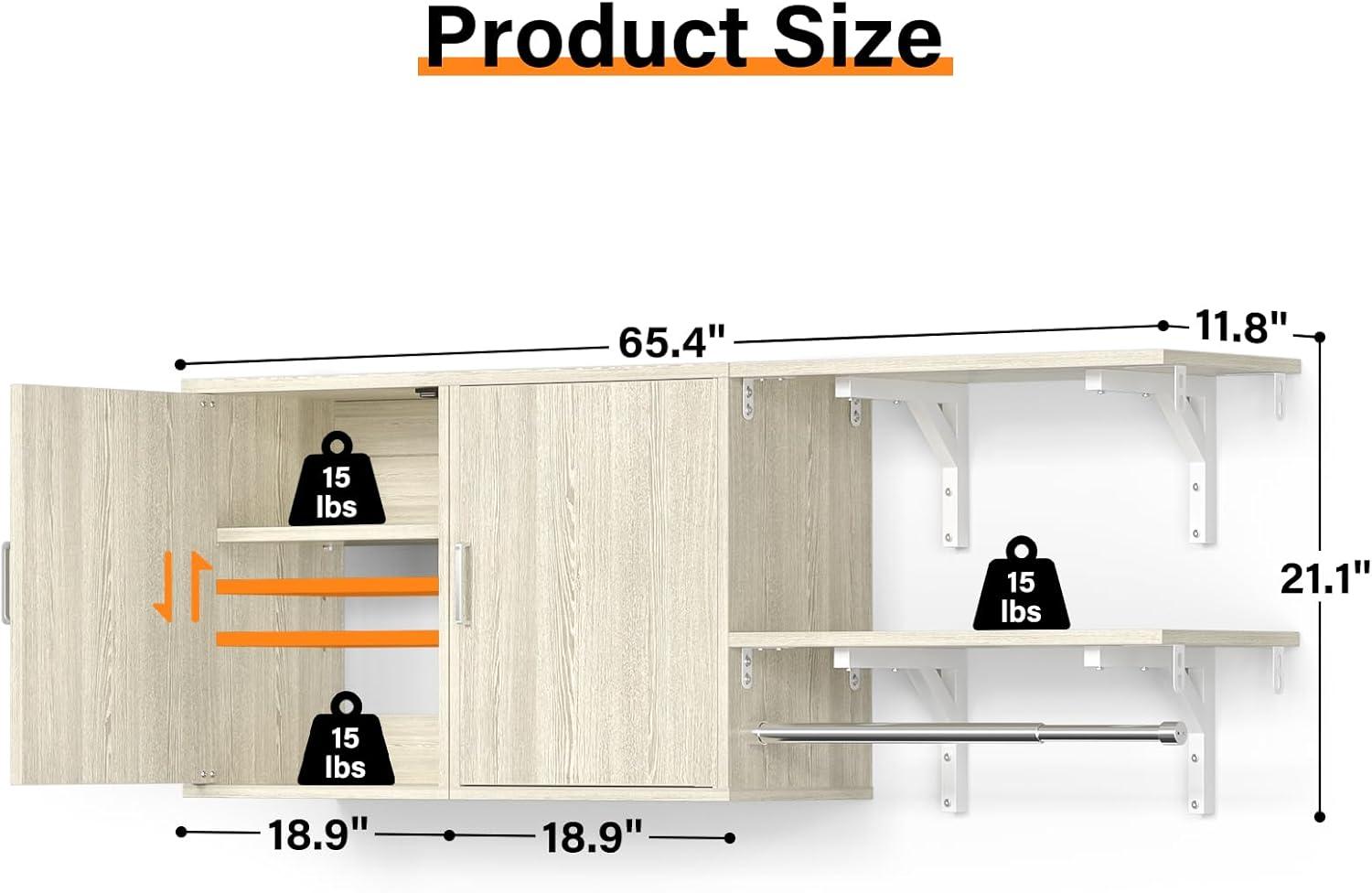 Cyclysio Wall Cabinet with Hanging Rods, 65''W Laundry Cabinet with 2 Doors & Shelves, Reversible Build-in Medicine Cabinet with Shelf Towers, Small Storage Cabinet for Laundry, Bedroom, White Oak