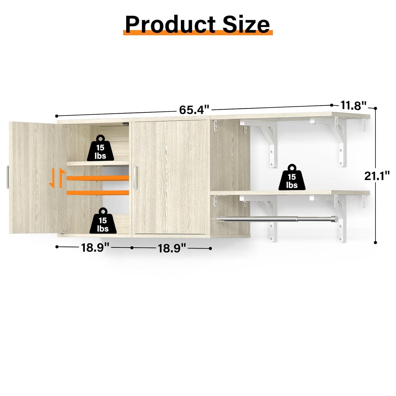 Cyclysio Wall Cabinet with Hanging Rods, 65''W Laundry Cabinet with 2 Doors & Shelves, Reversible Build-in Medicine Cabinet with Shelf Towers, Small Storage Cabinet for Laundry, Bedroom, White Oak
