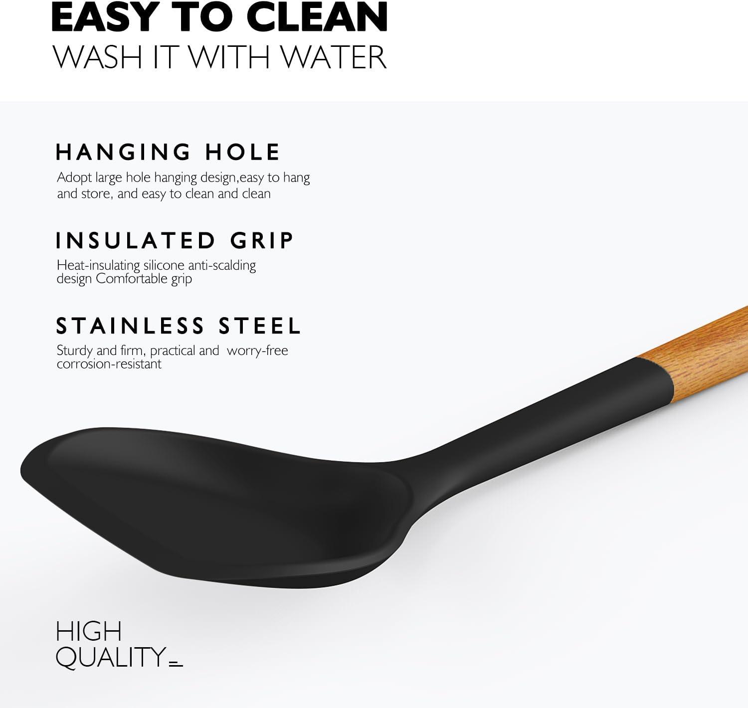 Large Silicone Cooking Utensils - Heat Resistant Kitchen Utensil Set with Wooden Handles, Spatula,Turner, Slotted Spoon, Pasta server, Kitchen Gadgets Tools Sets for Non-Stick Cookware (Black)