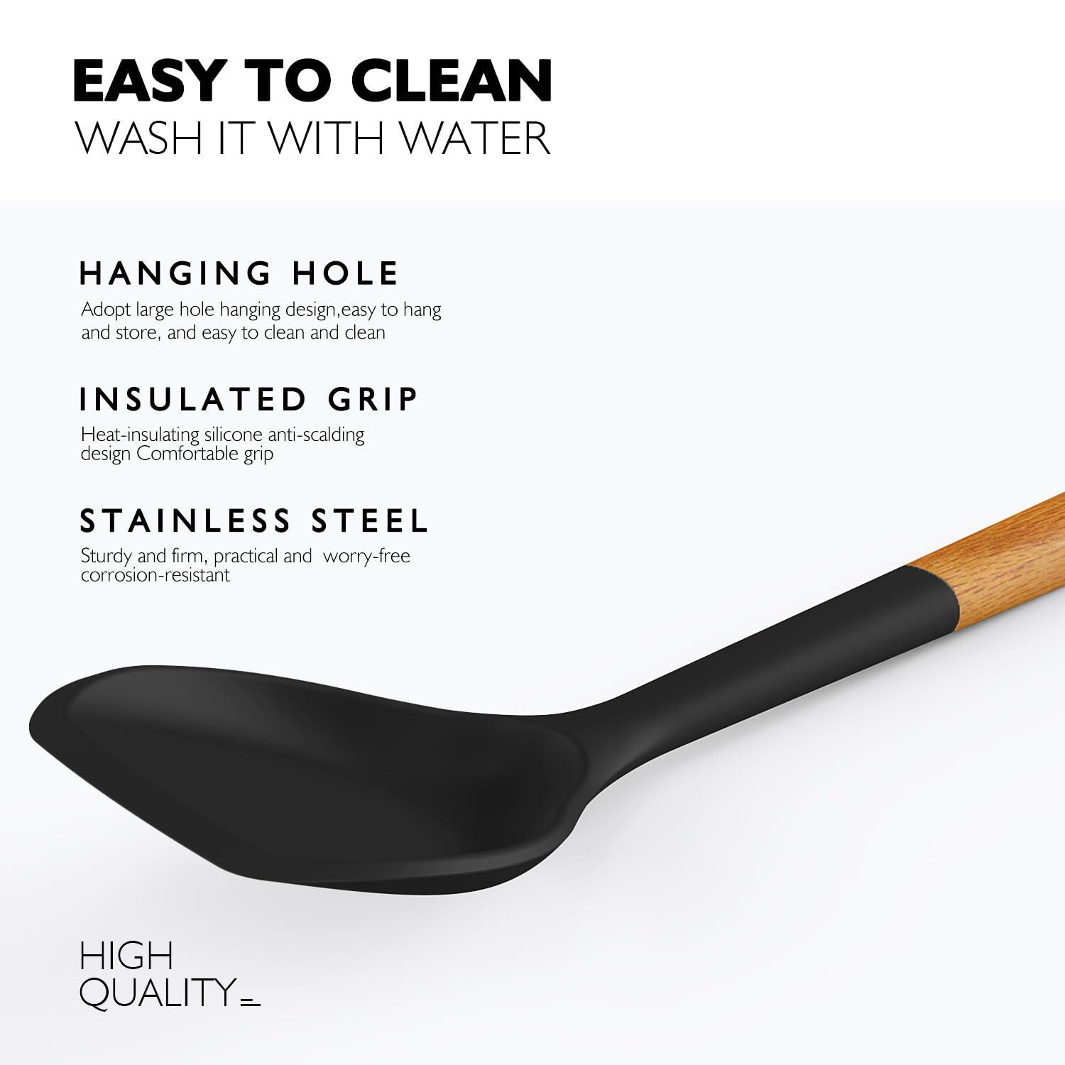 Large Silicone Cooking Utensils - Heat Resistant Kitchen Utensil Set with Wooden Handles, Spatula,Turner, Slotted Spoon, Pasta server, Kitchen Gadgets Tools Sets for Non-Stick Cookware (Black)