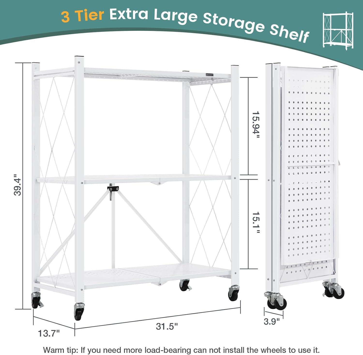 3-Tier Storage Shelves with Wheels, Folding Bookshelf No Assembly, Metal Display Shelf for Balcony, Kitchen, Basement, Pantry, White