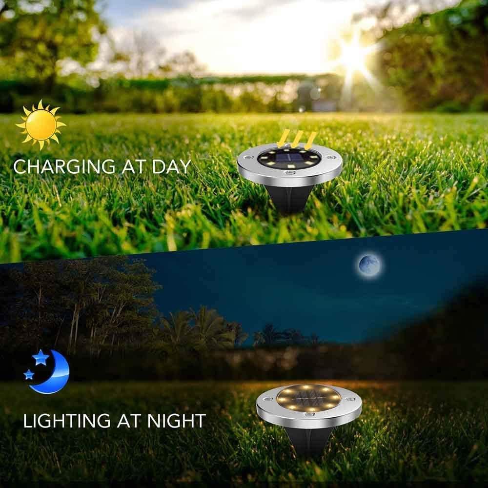 Bell + Howell 8 LED Solar Powered Disk Lights, 4 Pack, Outdoor Pathway Lights, Waterproof, Auto On/Off, Rust Resistant