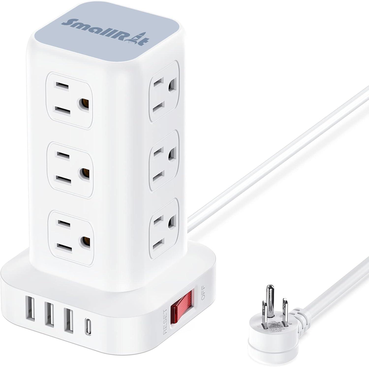 White 16-in-1 Tower Power Strip with USB-C and 6.5 ft Cord