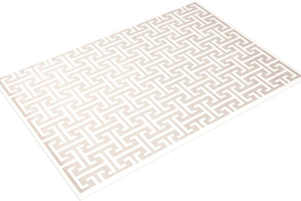 Beige and White Geometric 4' x 6' Synthetic Area Rug