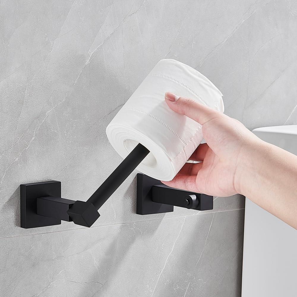 BWE Wall Mounted Toilet Paper Holder Double Post Pivoting Square Tissue Holders Roll Hangers Stand