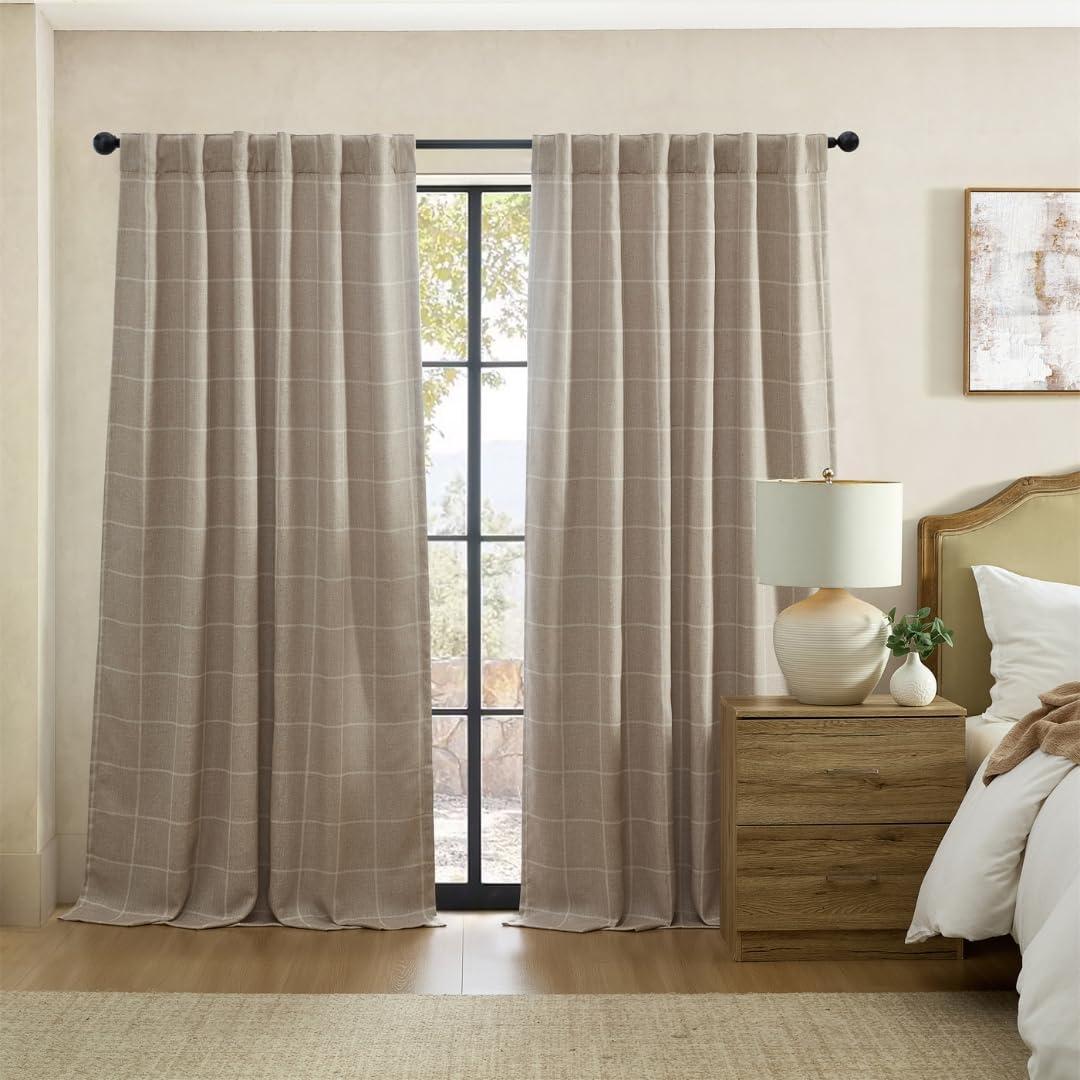 Sawyer Windowpane Plaid Blackout Window Curtain Panel - 52" x 95" - Linen - Elrene Home Fashions