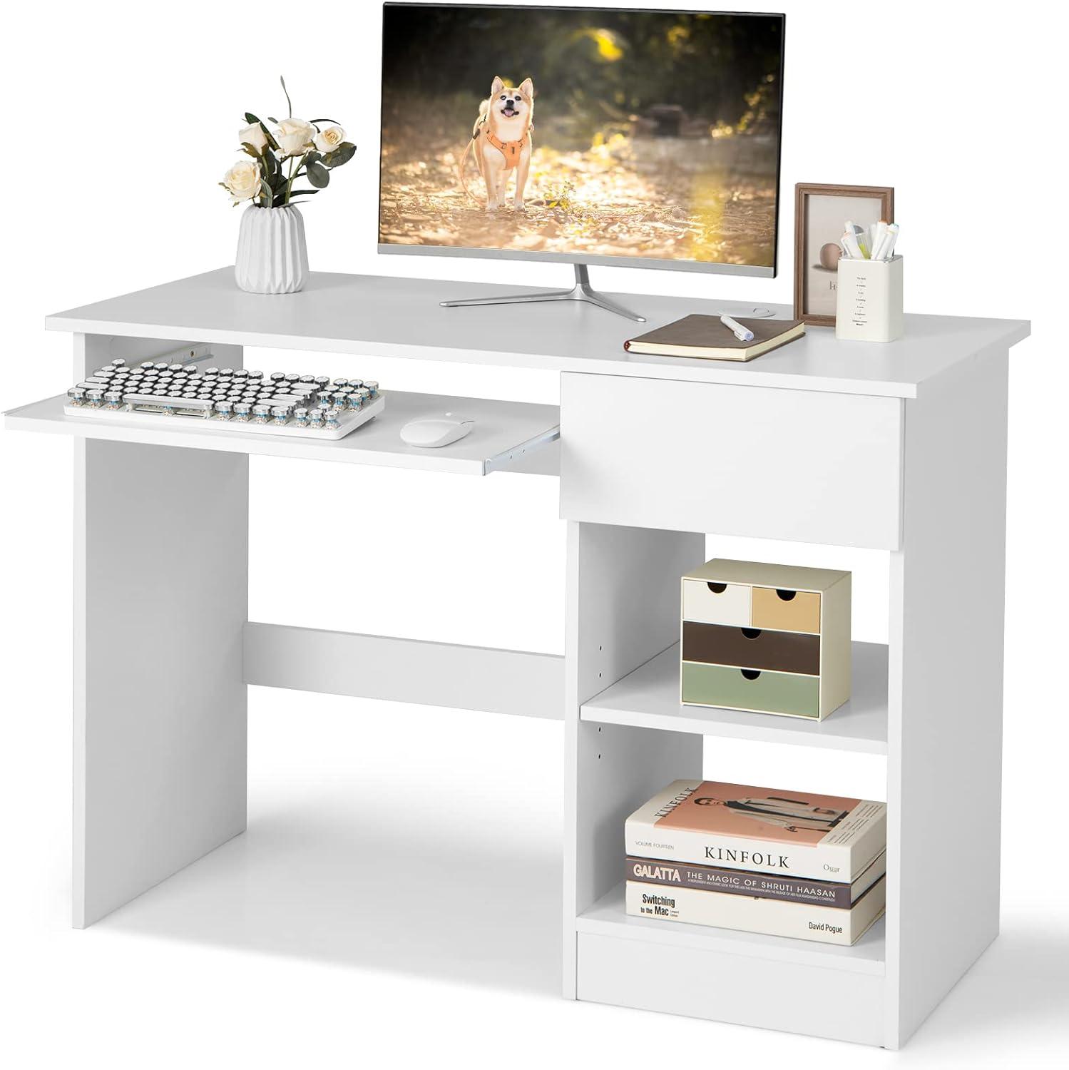 Computer Desk Modern Writing Workstation PC Laptop Table w/ Keyboard Tray White