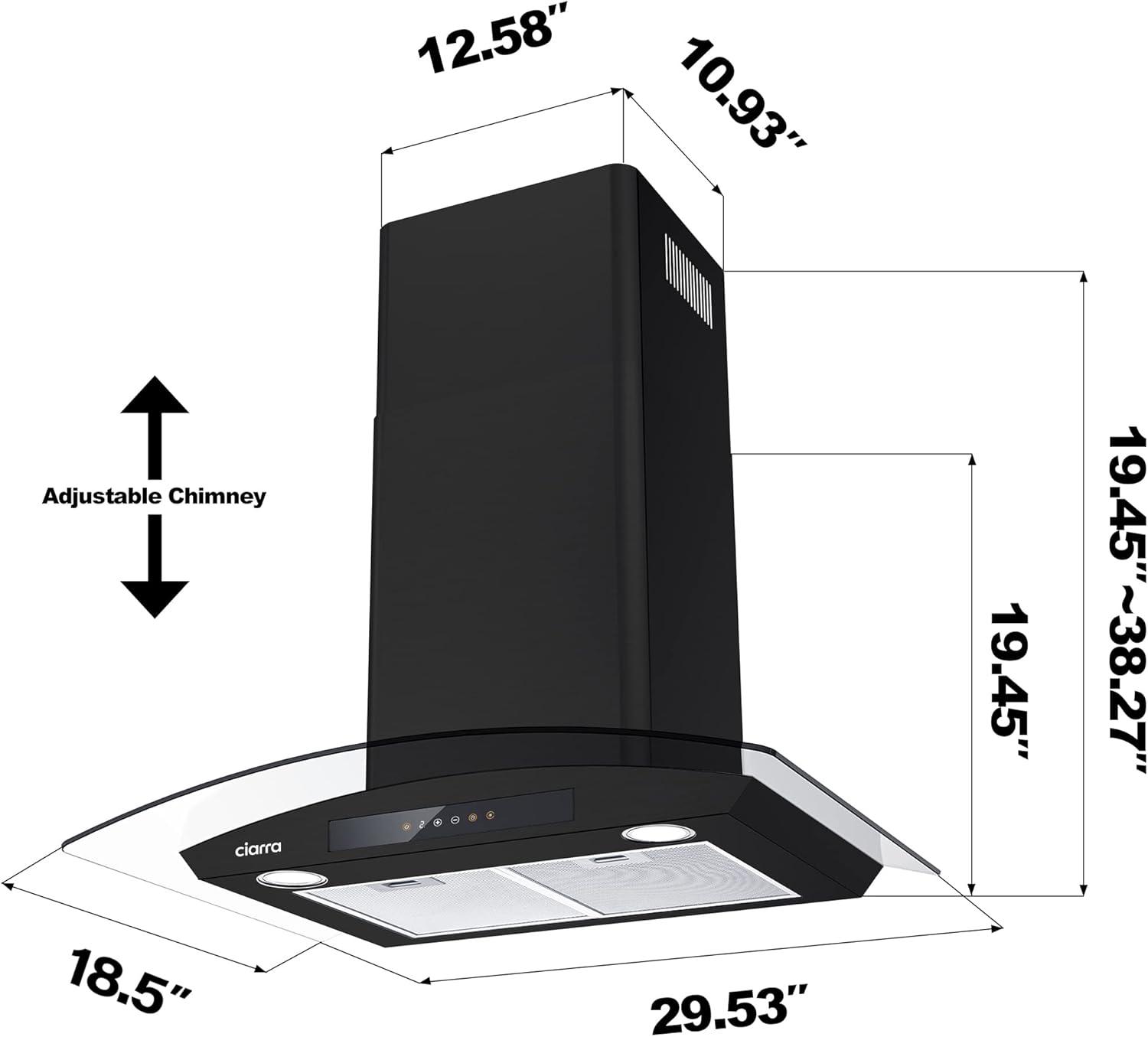 CIARRA 30-inch Black Convertible Wall Mount Range Hood with Glass Visor