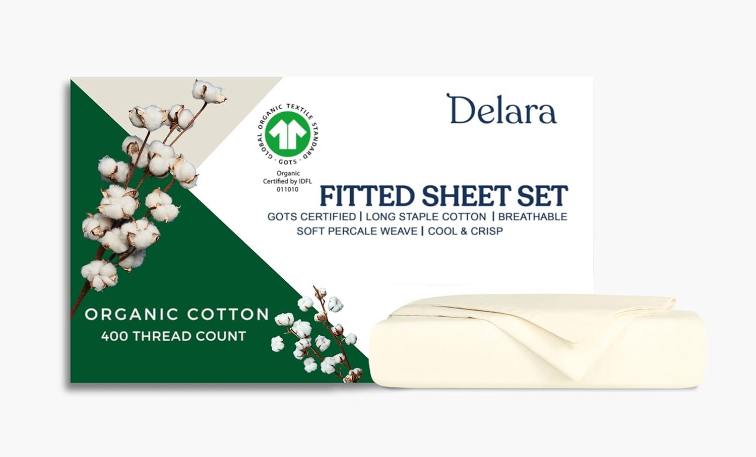 Delara Sábana de Tejido de Percal 100% Algodón Orgánico, Sábana Encimera Doble, 400 Hilos Certificados, Suave y Que Absorbe la Humedad, Ropa de Cama Transpirable de Tejido de Percal Suave y Sedoso para Mujeres, Hombres, Niños y Adolescentes