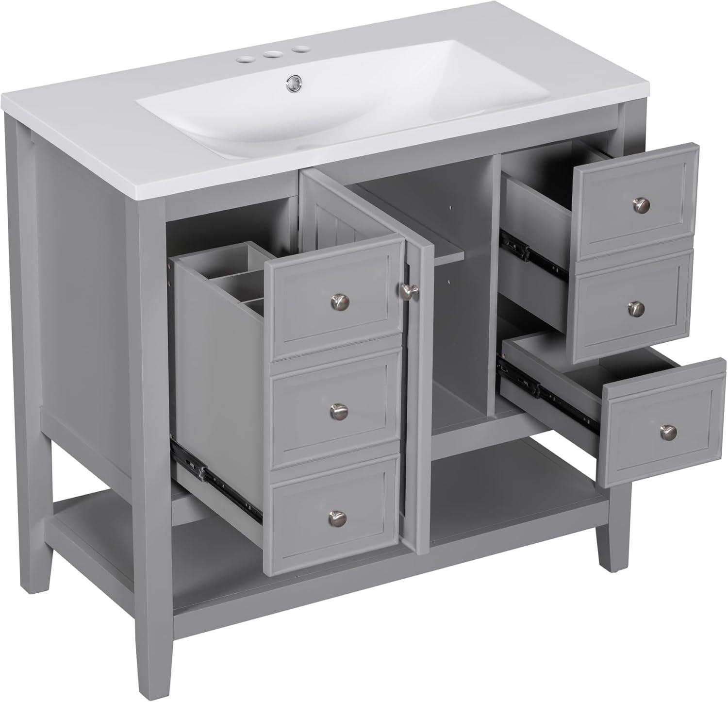 Grey 36" Freestanding Bathroom Vanity with Ceramic Sink and Storage