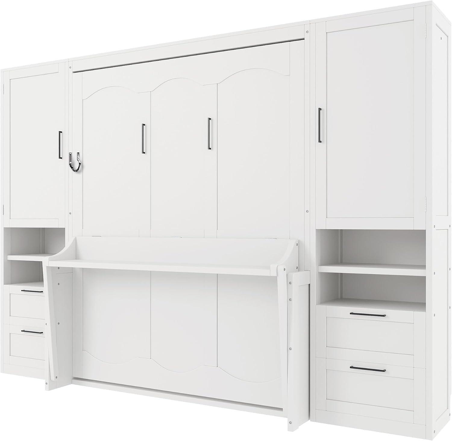 Harper & Bright Designs Queen Size Murphy Bed, Wooden Queen Wall Bed with Closet, Drawers and Shelves, White