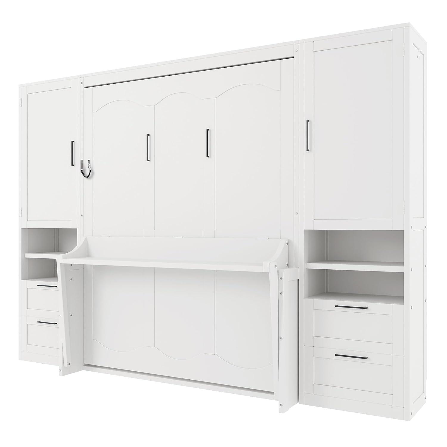 Harper & Bright Designs Queen Size Murphy Bed, Wooden Queen Wall Bed with Closet, Drawers and Shelves, White