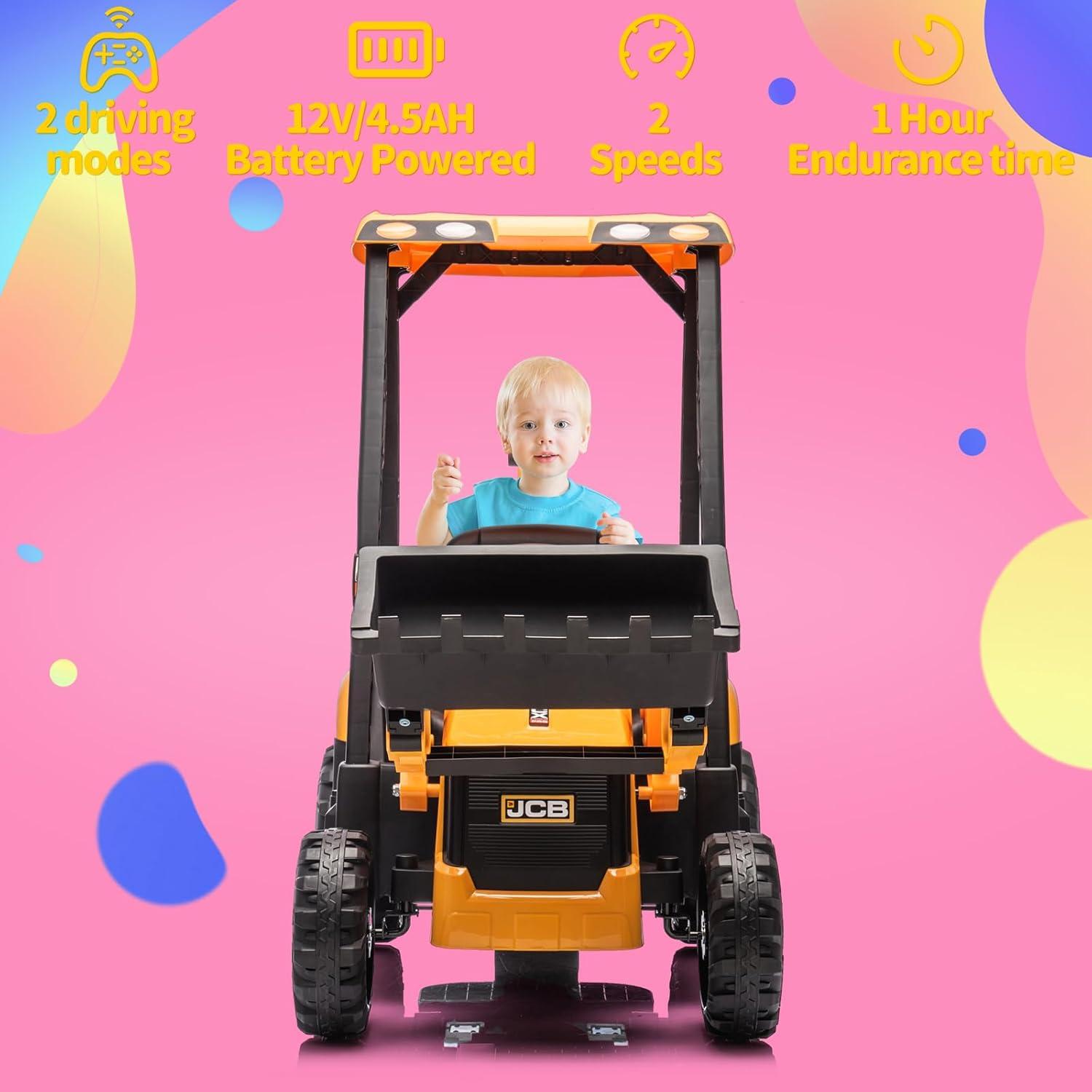 EastVita 12V Ride on Toys Tractor, Kids Ride on Car Toy Excavator Bulldozer, 12V Digger w/Trailer, Shovel Bucket, Digger, Remote Control, EVA Tires, LED Lights, Music, USB