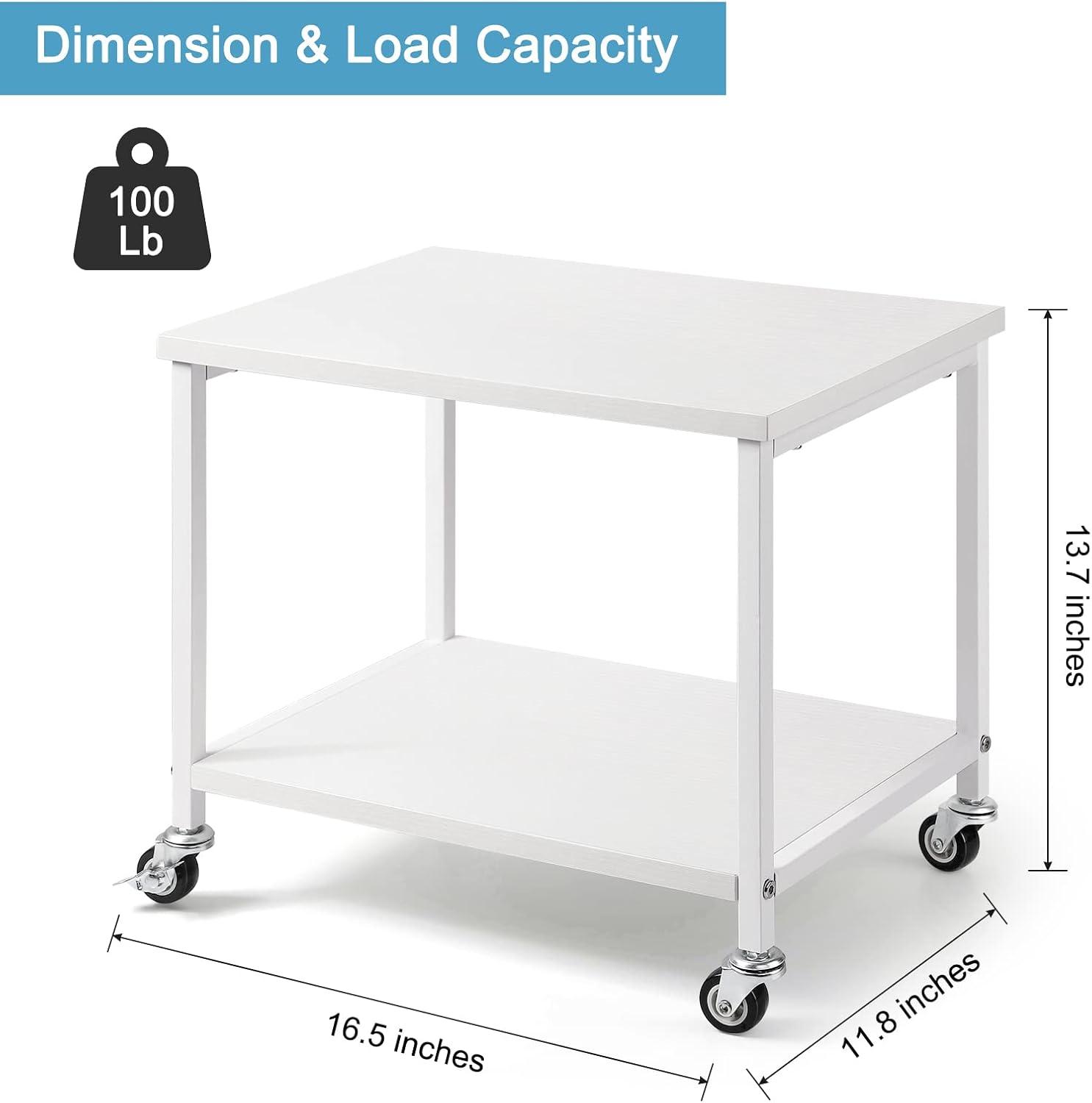 2 Tier Under Desk Printer Stand for Office, with storage Organizer Shelves White