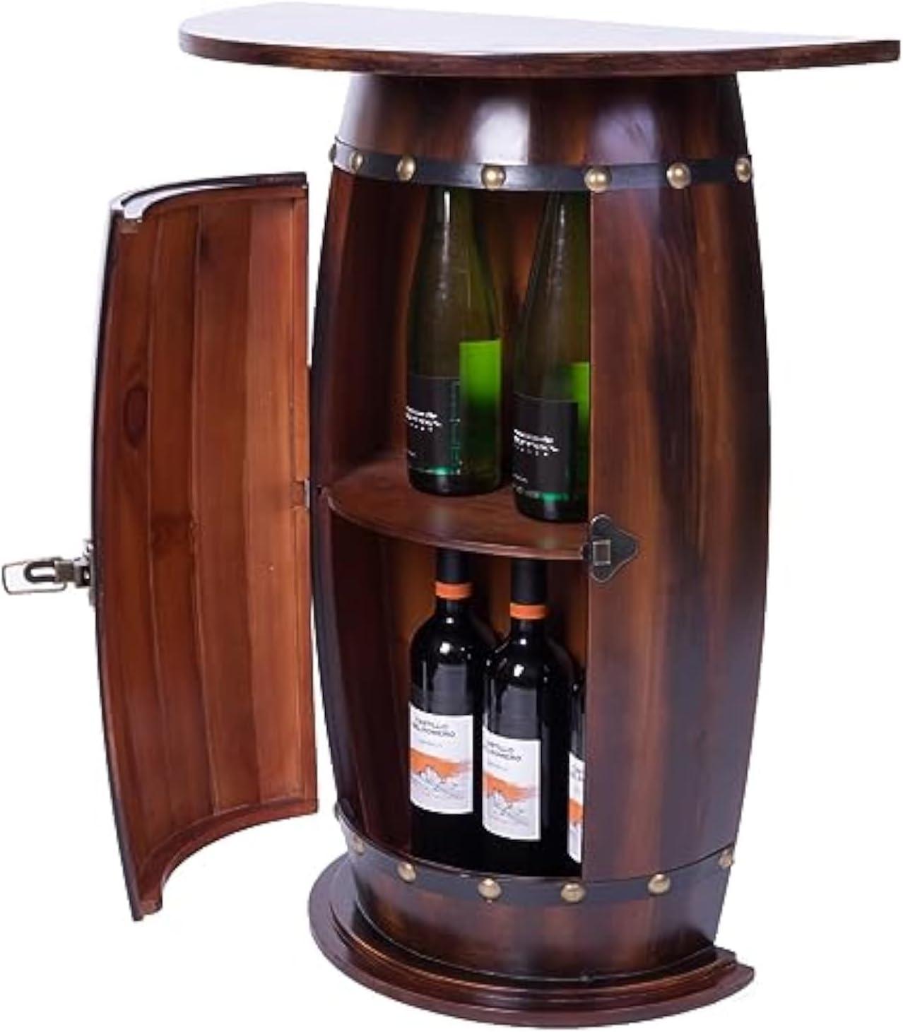 Vintiquewise Rustic Lockable Barrel Shaped Wine Bar Cabinet Wooden End Table