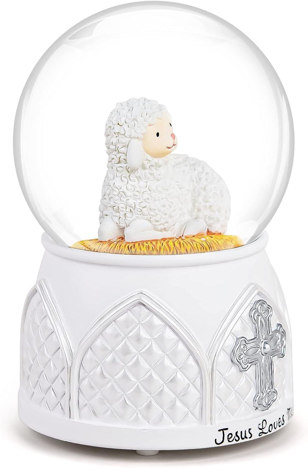 Jesus Loves Me Snow Globe, Jesus White Lamb Baptism Music Box, Religious Gift for Pastors Girls Wife Girlfriends Friends Easter Birthday Present