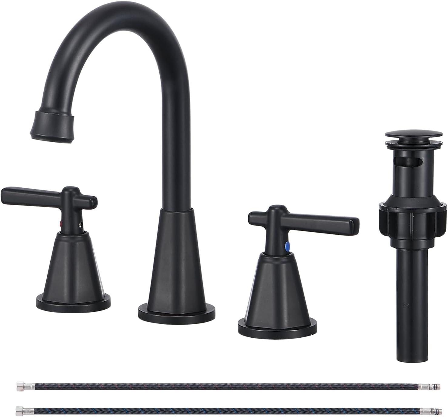 Matte Black Stainless Steel Widespread Bathroom Faucet with Pop-Up Drain