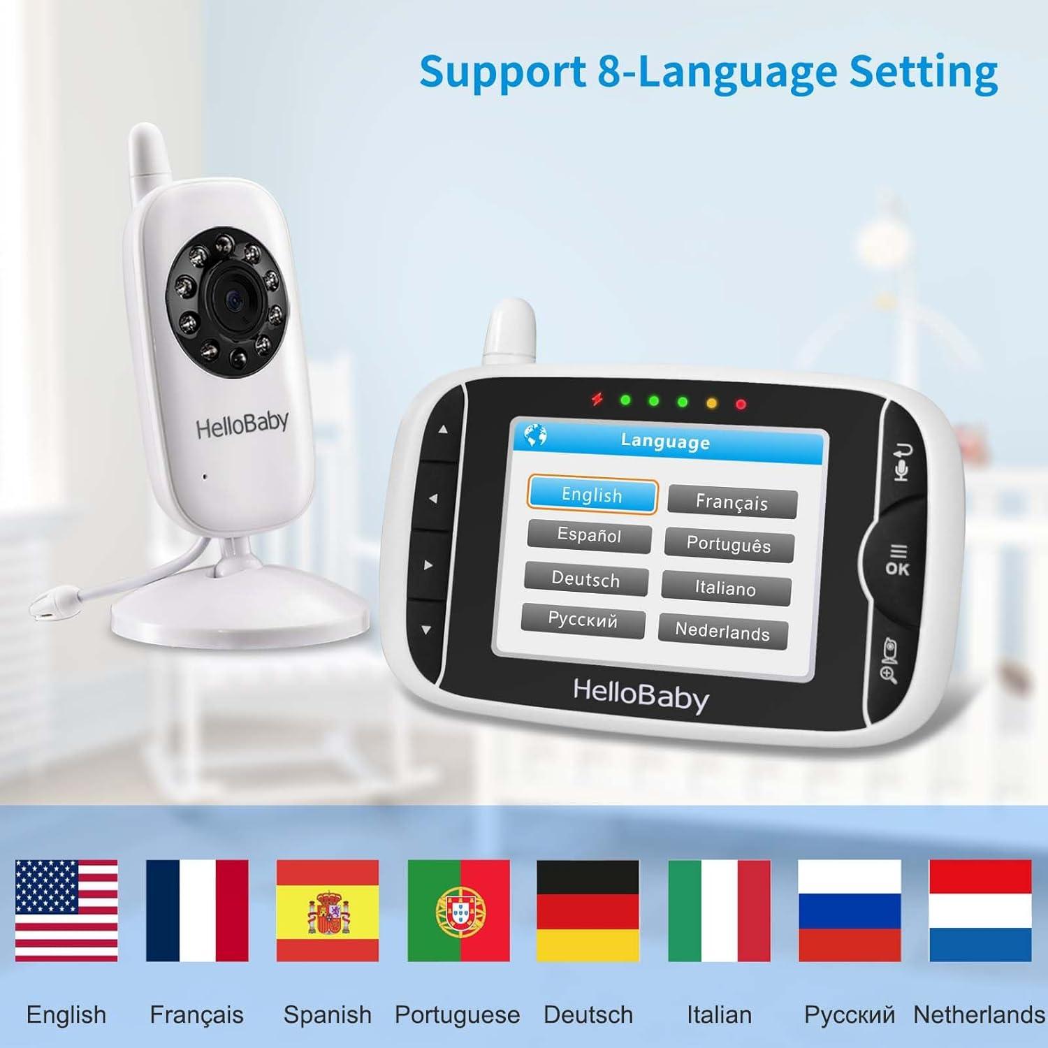 Video Baby Monitor with Camera and Audio, 3.2Inch LCD Display, Infrared Night Vision, Two-Way Audio and Room Temperature Monitoring,Lullaby,Sound Activated Screen HB